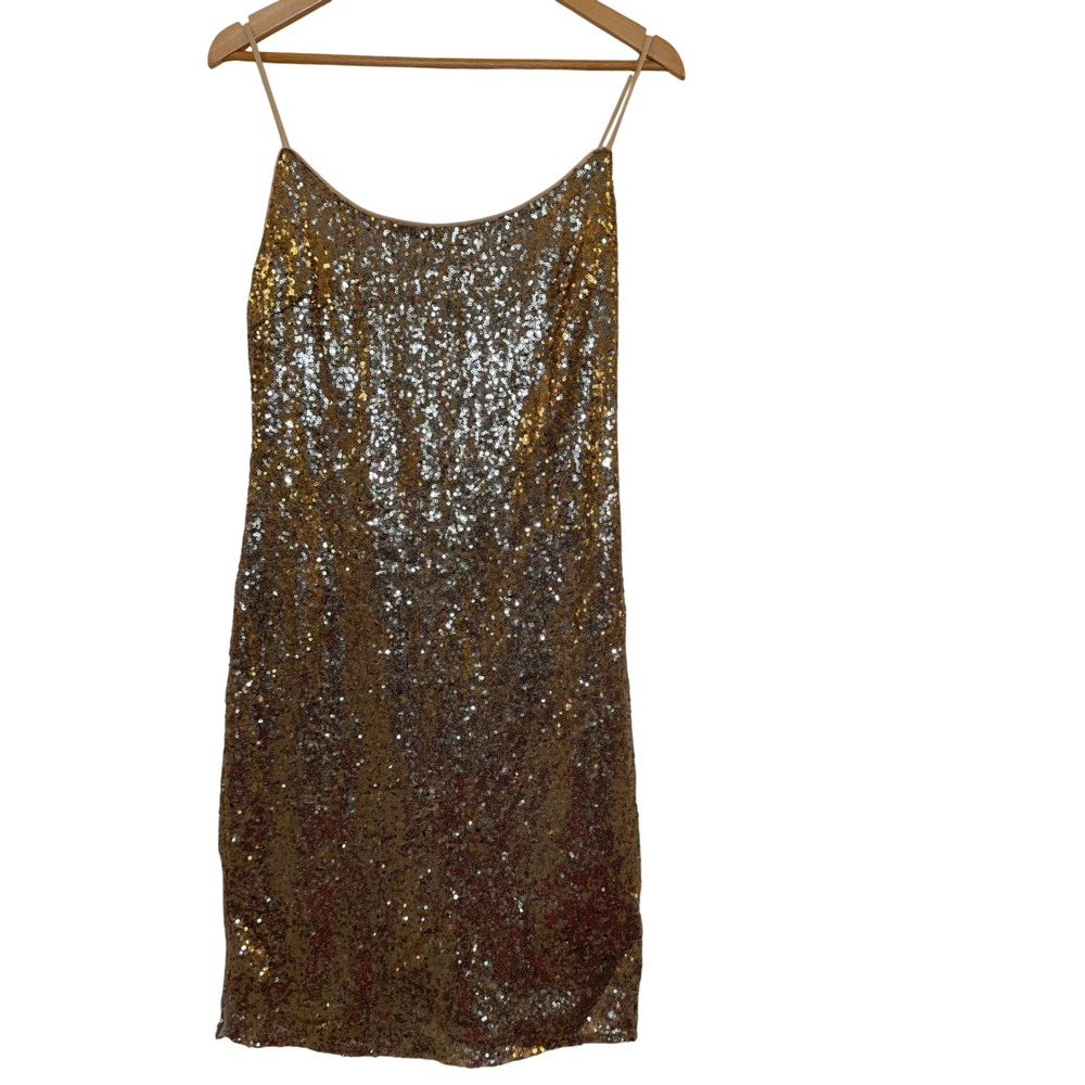 bebe Sequin Mini‎ Dress Women Size 8 Gold Silver Excellent Spaghetti Strap Zip